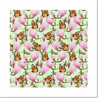 Magnolia Flowers With Butterflies On Green Background Posters and Art